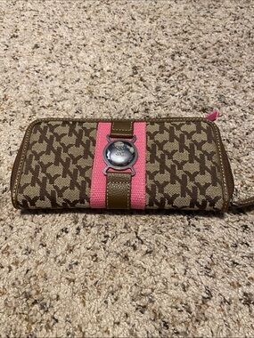 New York & Company Brown Monogram Wallet with Pink Stripe and Silver Medallion